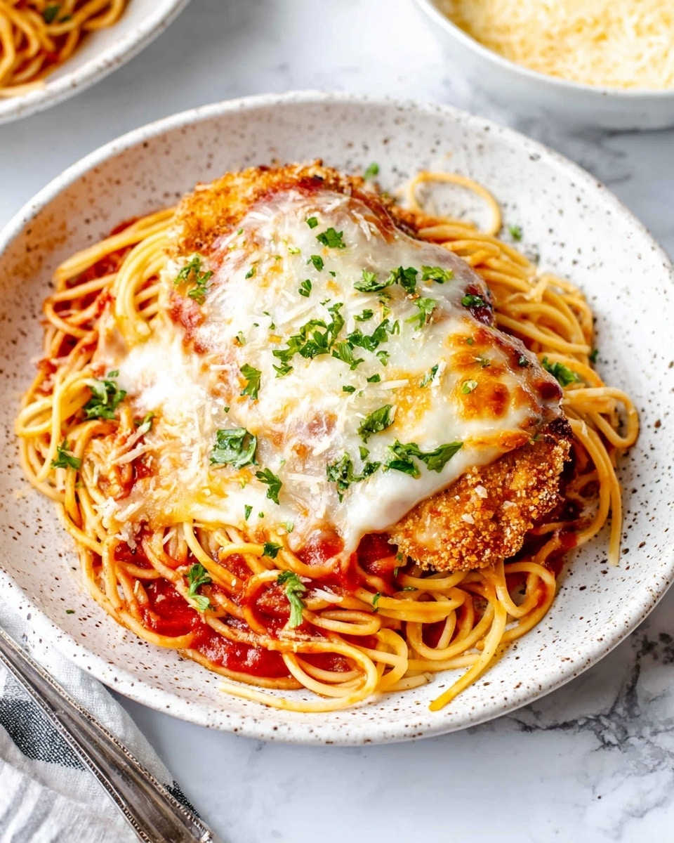 A white speckled plate holds a serving of spaghetti with red tomato sauce, forming the bottom layer. On top of the spaghetti lies a golden brown breaded chicken cutlet, covered with a thick layer of melted white cheese that is slightly browned and bubbly. The dish is sprinkled with small green parsley pieces and some grated light yellow cheese on top. The plate rests on a white marbled surface with a metal fork placed nearby. photo taken with an iphone --ar 4:5 --v 7