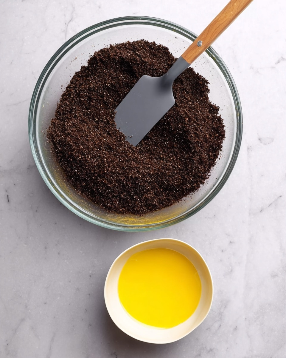 A large clear glass bowl contains one layer of finely crushed dark brown crumbs with a slightly rough texture, and a gray spatula with a wooden handle rests in it, partially buried in the crumbs. Below the bowl, there is a small white bowl filled with a smooth, shiny layer of bright yellow melted butter. Both bowls sit on a white marbled surface. photo taken with an iphone --ar 4:5 --v 7