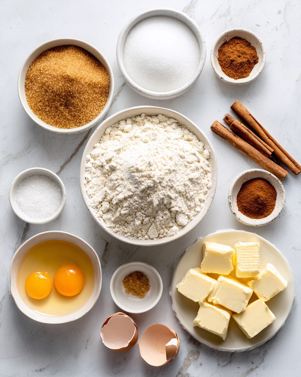 The image shows a white marbled surface with several small white bowls and dishes each holding different baking ingredients. In the center is a large white bowl filled with white flour with a slightly fluffy texture. To the upper left is a bowl with light brown sugar showing a fine granulated texture, next to it a bowl with white granulated sugar with a smooth surface. Below the brown sugar is a small bowl with a golden liquid, likely vanilla or oil. Below the sugar bowls is a bowl holding two raw eggs with bright yellow yolks and clear whites, accompanied by broken brown eggshells nearby. To the right of the flour bowl is a round white dish filled with neatly cut cubes of pale yellow butter. Above the butter dish are three cinnamon sticks resting next to a small white plate with light brown ground cinnamon. There are also three tiny white bowls scattered around holding fine white powders like baking soda, salt, and baking powder. Everything is arranged neatly with soft natural light enhancing the colors and textures. photo taken with an iphone --ar 4:5 --v 7