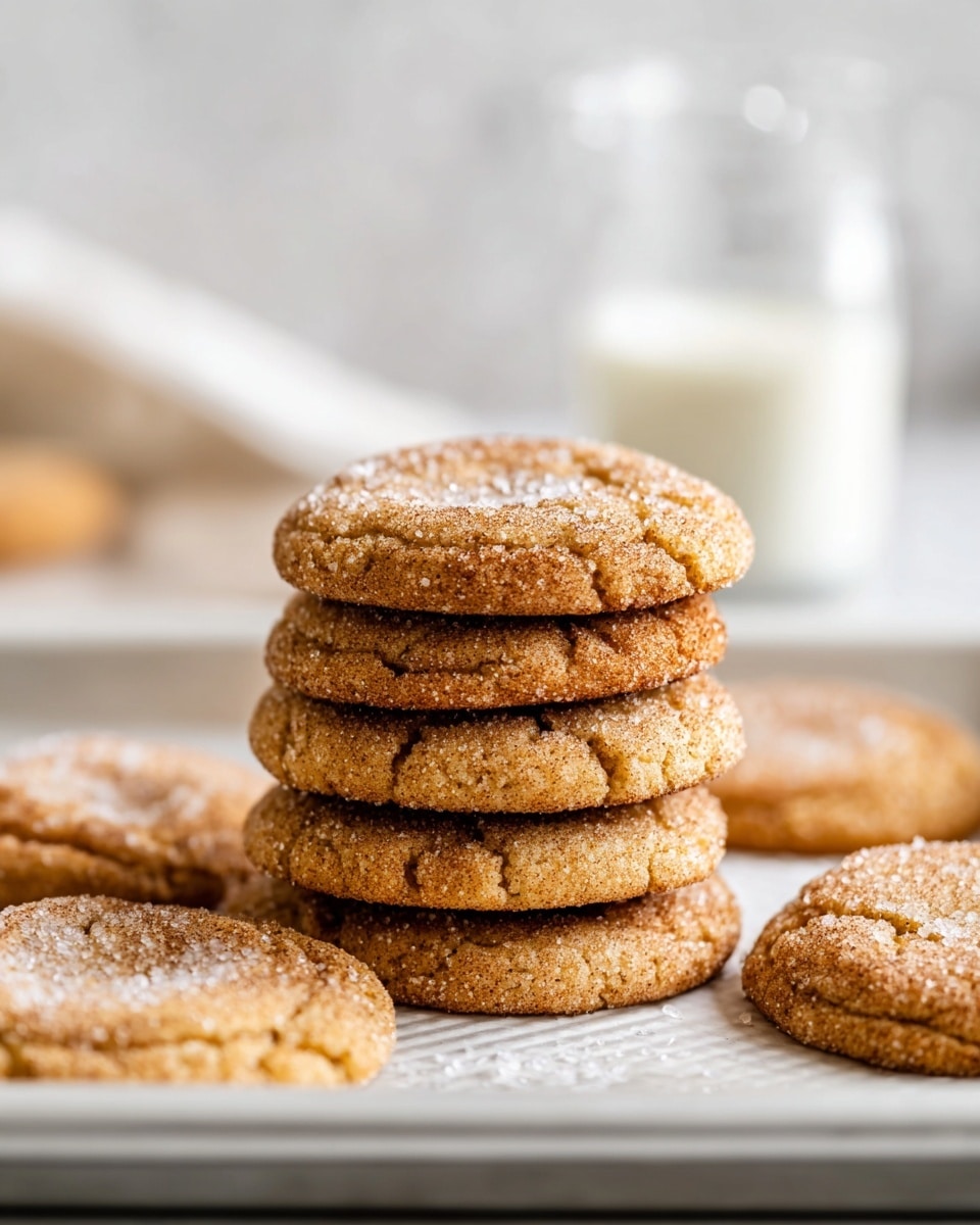 A stack of six golden-brown cookies sits in the center of a white baking tray, each cookie textured with a cracked surface and sprinkled with white sugar crystals. Around the stack, several individual cookies lie flat on the tray, showing their rough and slightly crunchy edges. The cookies have a warm cinnamon color, with specks of darker cinnamon powder visible on the surface. In the soft-focused white marbled background, a glass of milk and a glass measuring cup can be seen, adding a cozy, homemade feel to the scene. Photo taken with an iphone --ar 4:5 --v 7