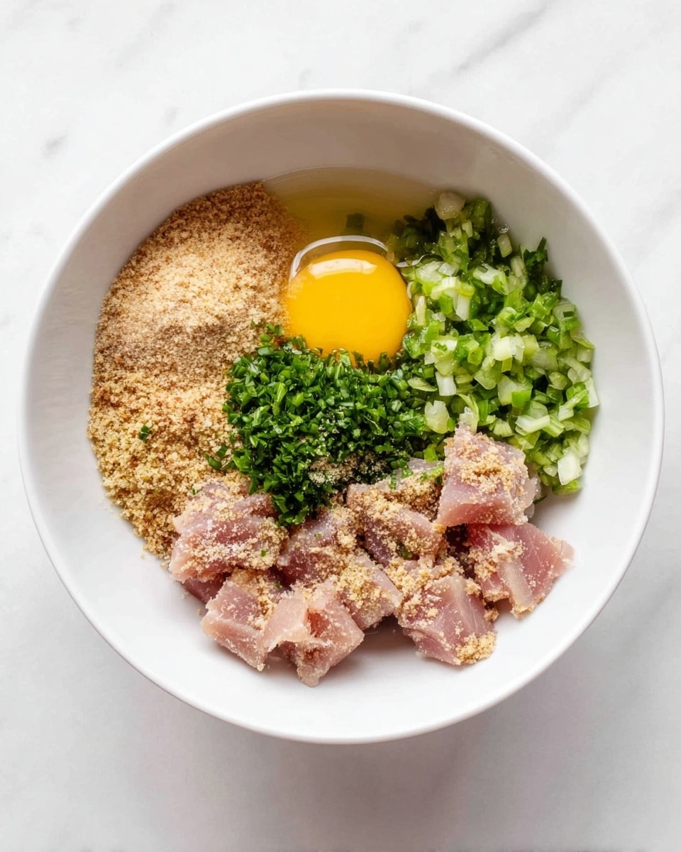 A white bowl filled with a mix of ingredients arranged separately: a raw egg with a bright yellow yolk on the top left, light tan breadcrumbs on the top right, finely chopped pale green celery next to the breadcrumbs, chopped darker green herbs in the center, chunks of pale pink tuna scattered on the left and bottom sides, and a sprinkling of light brown seasoning on the tuna. The bowl sits on a white marbled surface. photo taken with an iphone --ar 4:5 --v 7