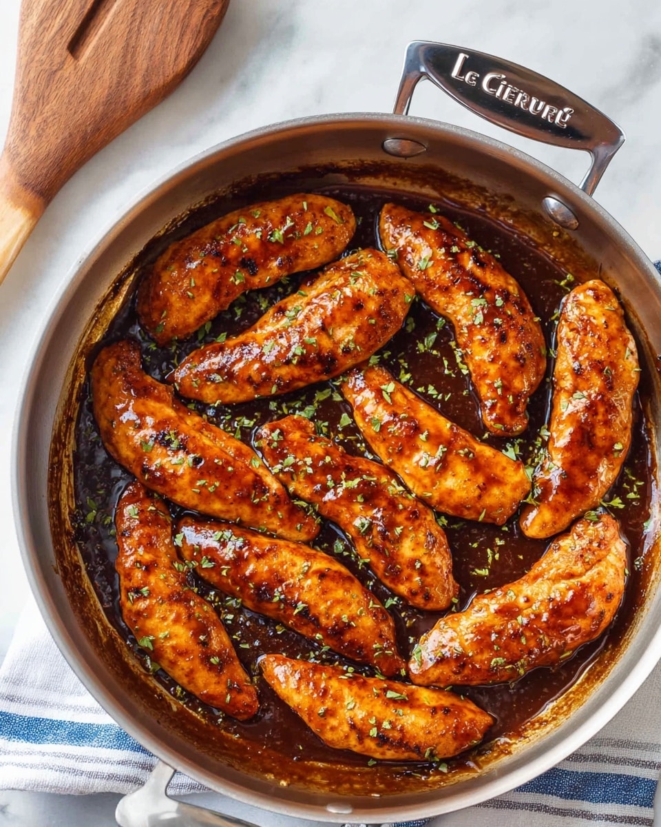 A shiny metal pan filled with eleven pieces of cooked chicken tenders in a dark brown sauce with a glossy texture. The chicken is golden to dark brown with some grill marks and small green herbs sprinkled over them. The pan sits on a white marbled surface with a wooden spoon handle and part of a blue and white striped cloth seen nearby. The pan handle shows the brand