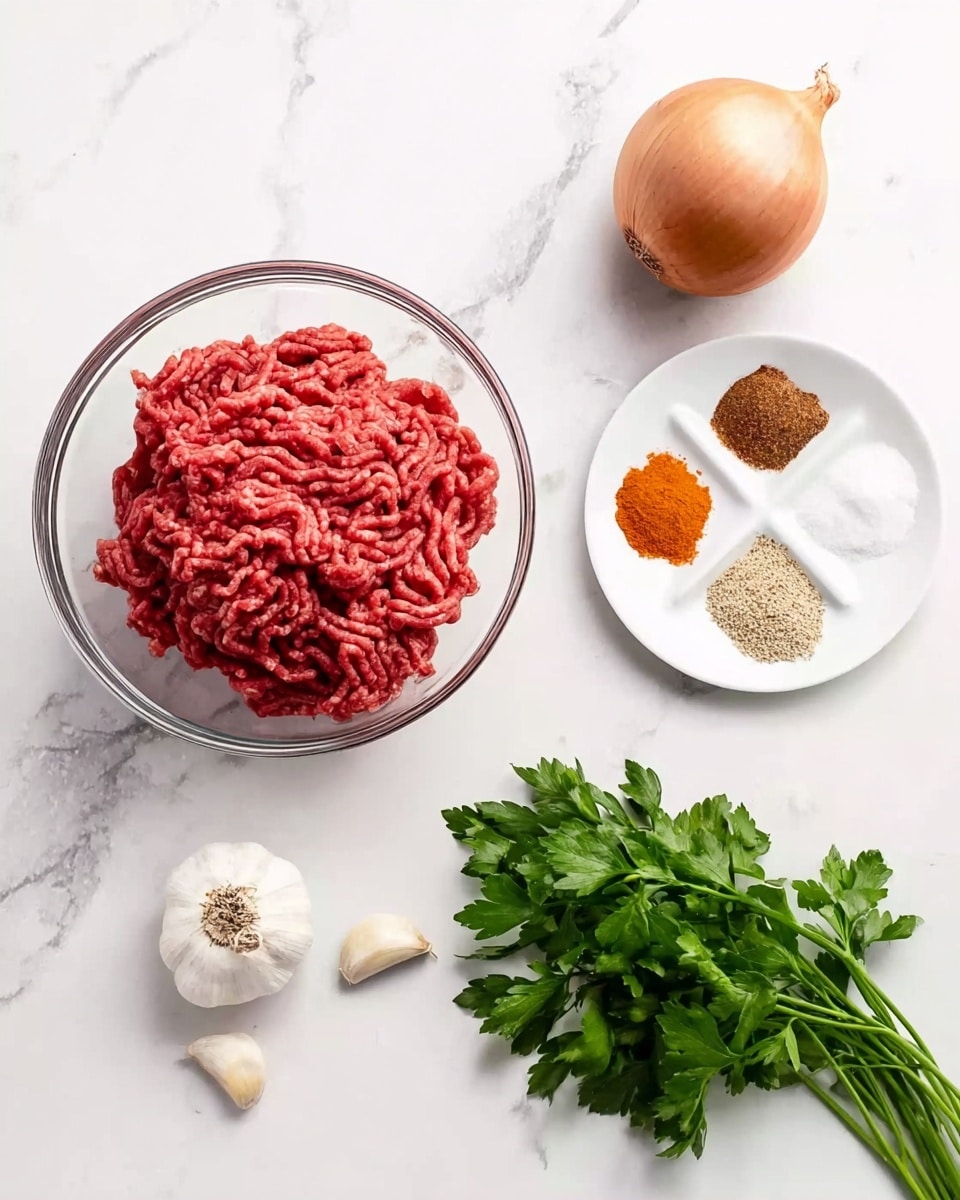 The image shows five main parts arranged on a white marbled surface. In the center, there is a clear glass bowl filled with raw ground meat that is red with light fat running through it. To the top right of the bowl is a small white plate with five different spices placed separately: brown, orange, red, white salt, and beige powder. To the bottom right of the meat bowl is a bunch of fresh green parsley with thick leaves. To the top left of the bowl, there is half a round onion with light brown outer skin and white inside. Near the onion are two whole garlic cloves with pale skin. The colors are bright and natural, with good lighting and a clean look, photo taken with an iphone --ar 4:5 --v 7