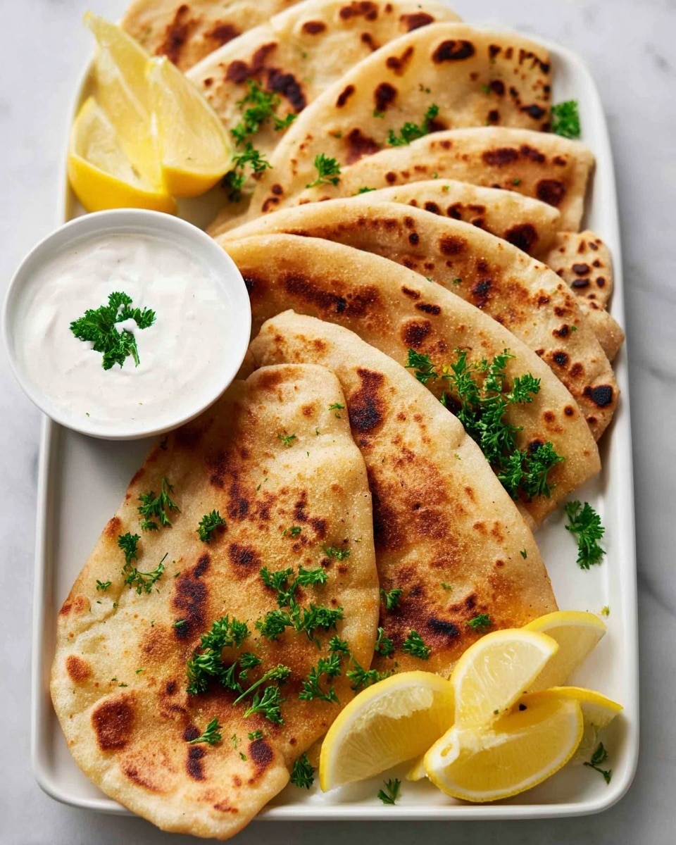 A white rectangular plate holds seven folded, golden-brown flatbreads with some darker spots, arranged slightly overlapping in a line. Bright green parsley sprigs are scattered on top and between the flatbreads. On one side of the plate, a small white bowl is filled with smooth white sauce, garnished with a sprig of parsley. Around the plate, there are four lemon wedges with a pale yellow color and soft texture. The plate sits on a white marbled surface. photo taken with an iphone --ar 4:5 --v 7