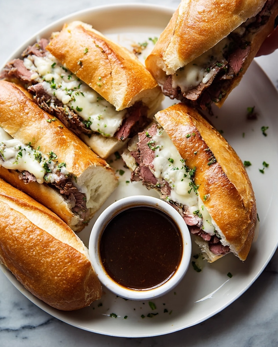 The image shows a white plate on a white marbled surface holding four sandwiches made with golden brown hoagie rolls. Each sandwich is filled with layers of thinly sliced, cooked meat that is pinkish-brown with a slightly seared edge, topped with melted white cheese and sprinkled with chopped green herbs. In the middle of the plate is a small white bowl filled with dark brown dipping sauce. One sandwich is slightly open, revealing the filling inside clearly. A woman's hand is seen holding one sandwich in the background. The lighting is natural and bright, highlighting the glossy texture of the bread and the juicy meat inside photo taken with an iphone --ar 4:5 --v 7