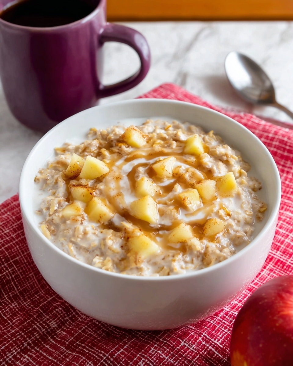 A white bowl filled with oatmeal that has small yellow apple pieces mixed throughout and a swirl of brown syrup on top, creating a layered look with the soft, creamy oatmeal base and textured chunks. The bowl is set on a red checkered cloth over a white marbled surface, with a purple mug in the background and a spoon placed nearby. A red apple is positioned on the lower right side. The photo taken with an iphone --ar 4:5 --v 7