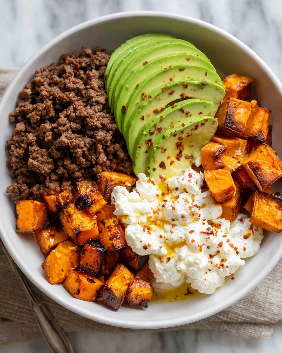 A white bowl contains four main layers arranged side by side: on the left is a pile of cooked ground beef with a crumbly texture and dark brown color; next to it are small cubes of roasted sweet potatoes, showing a mix of bright orange and slightly charred edges; on the top right is a generous scoop of white cottage cheese with a lumpy texture, drizzled lightly with a golden sauce; finally, on top of the roasted sweet potatoes and beef, several slices of fresh avocado are fanned out, showing smooth, light green flesh with a few red pepper flakes sprinkled on top. The bowl rests on a white marbled surface. photo taken with an iphone --ar 4:5 --v 7