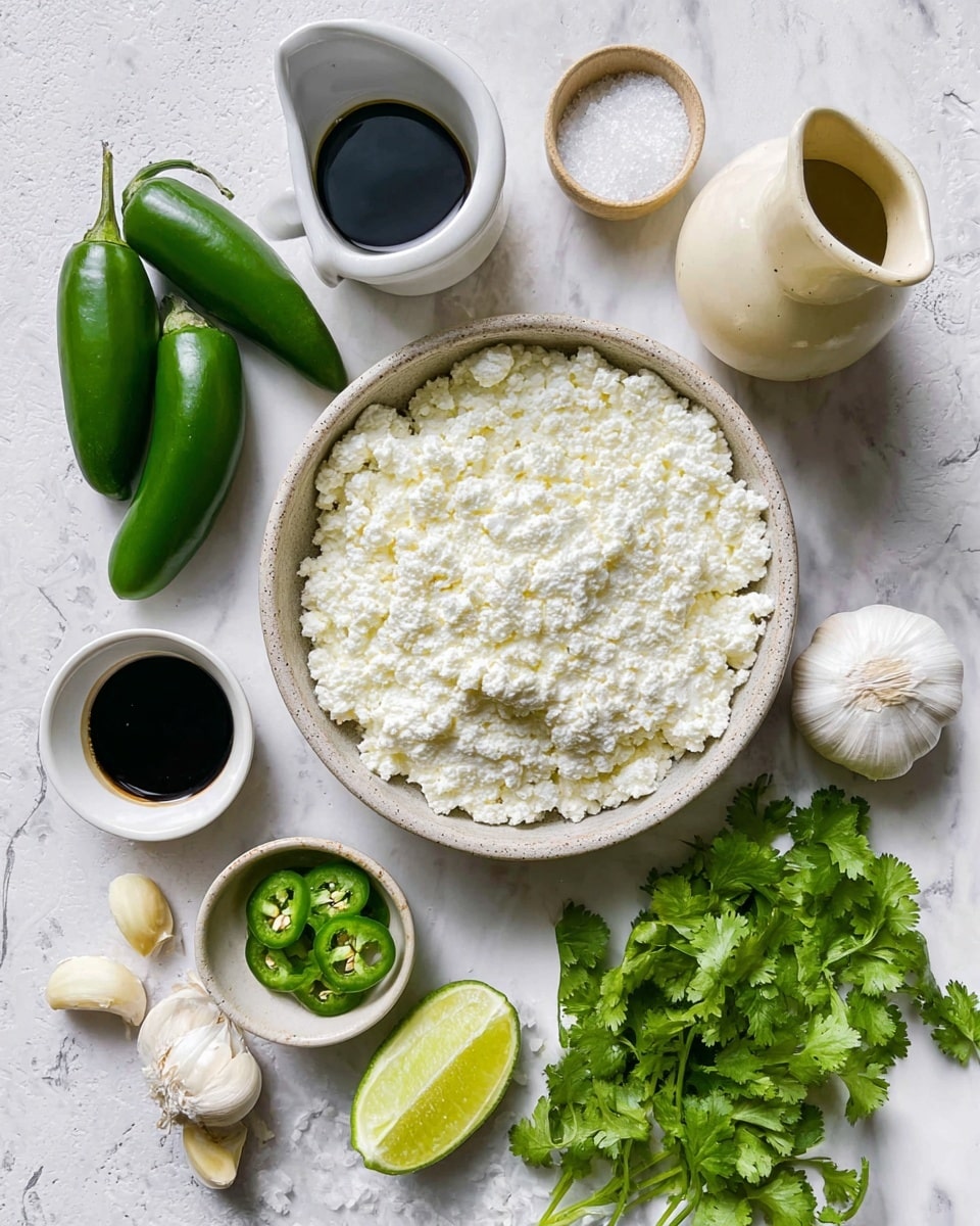 The image shows a round white bowl filled with white, crumbly cottage cheese, placed on a white marbled surface. Around the bowl are four whole and one sliced green jalapeño peppers with shiny skins, a small white bowl of salt, a small white pitcher of dark soy sauce, and a small white bowl with minced garlic. There is a whole garlic bulb along with two separated cloves beside it, a creamy beige citrus juicer with a halved lime nearby, and a bunch of fresh green cilantro leaves on the right side. Everything is laid out neatly, with clear textures of each ingredient visible. Photo taken with an iphone --ar 4:5 --v 7