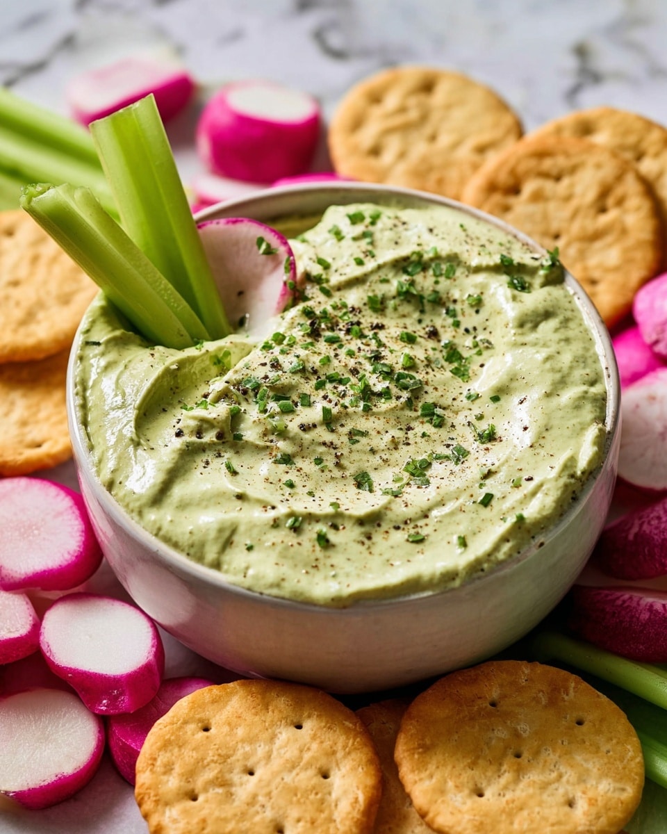 A white bowl filled with thick, creamy green dip sprinkled with finely chopped herbs and black pepper sits on a white marbled surface. Celery sticks dip into the bowl from the left side, while a thin pink radish slice rests on the right edge of the bowl. Golden round crackers are placed around the bowl, along with slices of pink and white radishes, creating a colorful and inviting arrangement. photo taken with an iphone --ar 4:5 --v 7
