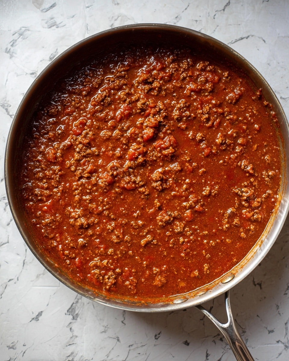 A large metal pan filled with a thick, rich meat sauce that covers the bottom layer completely. The sauce has a deep reddish-brown color with small, textured bits of cooked ground meat and visible tiny chunks of tomato scattered evenly throughout. The surface is glossy with a slight oily sheen, showing a mix of smooth sauce and textured meat pieces. The pan handle is visible on the right side, and the background is a white marbled surface. photo taken with an iphone --ar 4:5 --v 7
