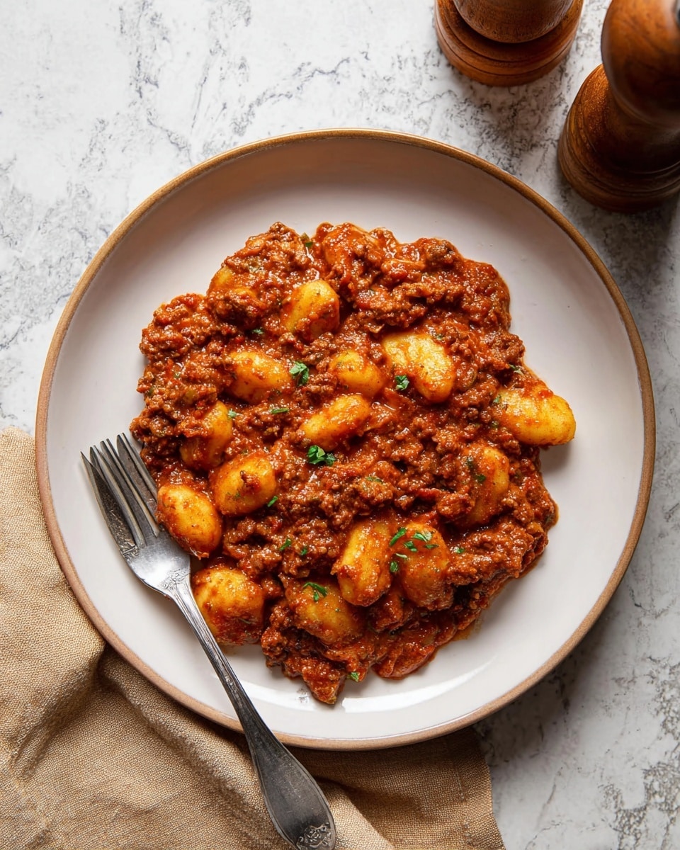 A white round plate holds a single-layer serving of gnocchi covered in thick, rich reddish-brown meat sauce with visible chunks of ground meat and small bits of green herbs sprinkled on top. The gnocchi pieces are golden and soft looking, mixed evenly with the sauce, which has a creamy texture and some tomato pieces. A silver fork rests on the left side of the plate, and a beige cloth napkin is placed near the bottom edge. The plate sits on a white marbled textured surface with a wooden pepper grinder visible in the upper right corner. Photo taken with an iphone --ar 4:5 --v 7