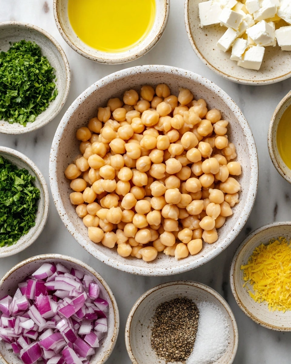 In the center, a white speckled bowl is full of round, light beige chickpeas with a smooth texture. Surrounding it are six smaller white speckled bowls with various ingredients: at the top, a bowl of golden yellow olive oil; to the right, small white cubes of feta cheese; at the bottom right, a bowl with coarse salt, cracked black pepper, and bright yellow lemon zest; at the bottom left, finely chopped red onions with purple and white colors; at the top left, chopped fresh green parsley leaves; and near the middle left, another bowl filled with yellow olive oil. All bowls rest on a white marbled surface. photo taken with an iphone --ar 4:5 --v 7
