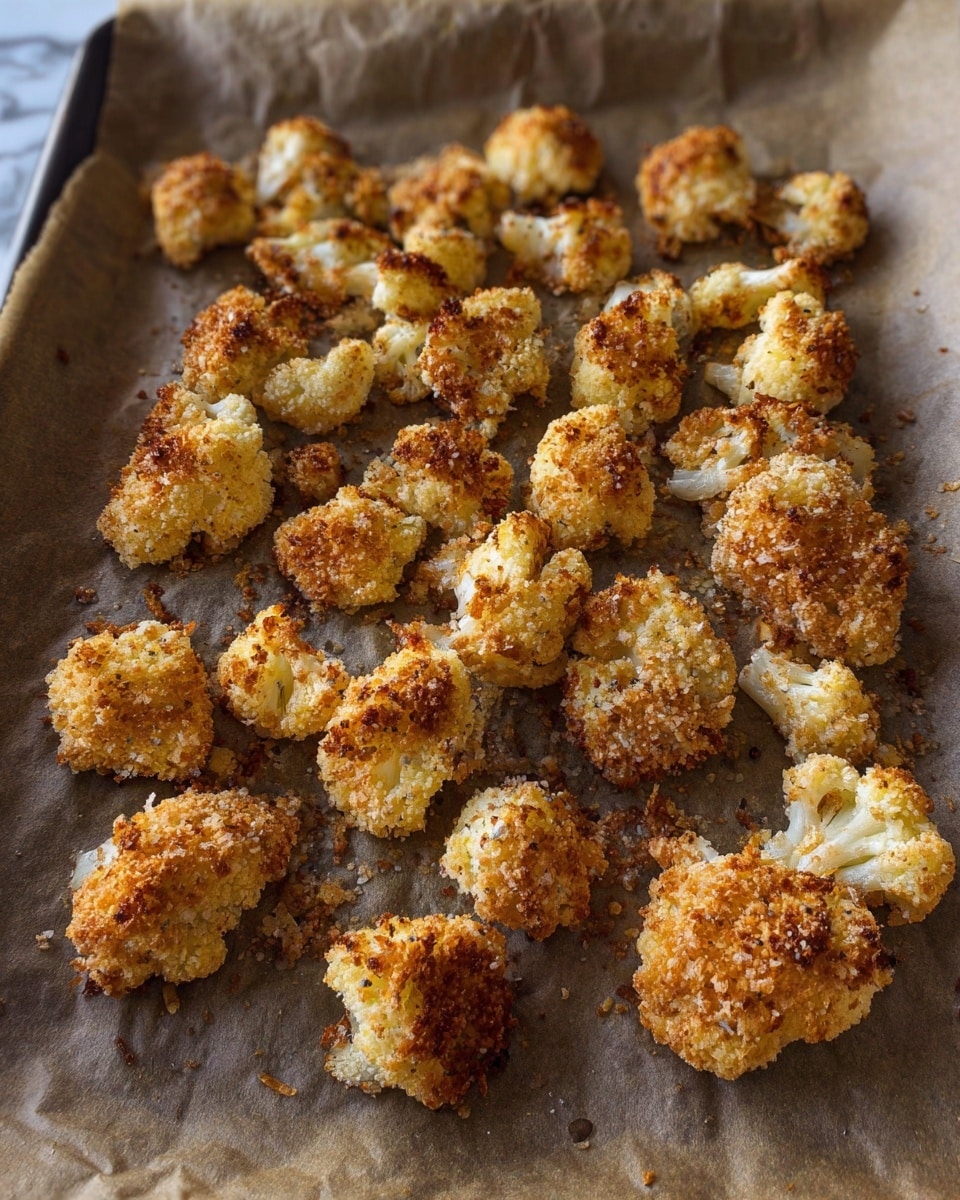 The image shows many pieces of golden brown crispy cauliflower bites with a rough, crumbly texture, spread out on a sheet of brown parchment paper that covers a baking tray. Each cauliflower piece is uneven in shape with a light to darker toasted color, showing a crunchy coating all over. The background is a white marbled texture. photo taken with an iphone --ar 4:5 --v 7
