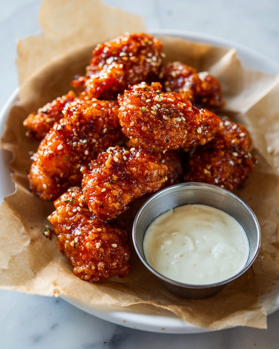 A white plate holds several pieces of crispy fried chicken covered in a shiny reddish-orange sauce with visible sesame seeds on top, arranged in a loose pile on crumpled brown paper. Next to the chicken, a small round metal cup is filled with thick creamy white dipping sauce that has a smooth texture with small lumps. The scene is set on a white marbled background with soft natural light. photo taken with an iphone --ar 4:5 --v 7