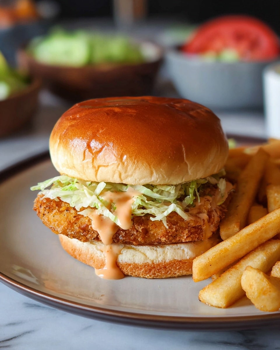 A close-up of a crispy fried sandwich on a white plate with golden French fries on the side. The sandwich has four layers: a shiny, golden brown top bun; a drizzle of light orange sauce dripping over a crunchy, breaded filling; a layer of shredded light green lettuce resting on the soft, slightly toasted bottom bun. The plate sits on a white marbled surface with blurred bowls of green lettuce and sliced red tomatoes in the background. Photo taken with an iphone --ar 4:5 --v 7