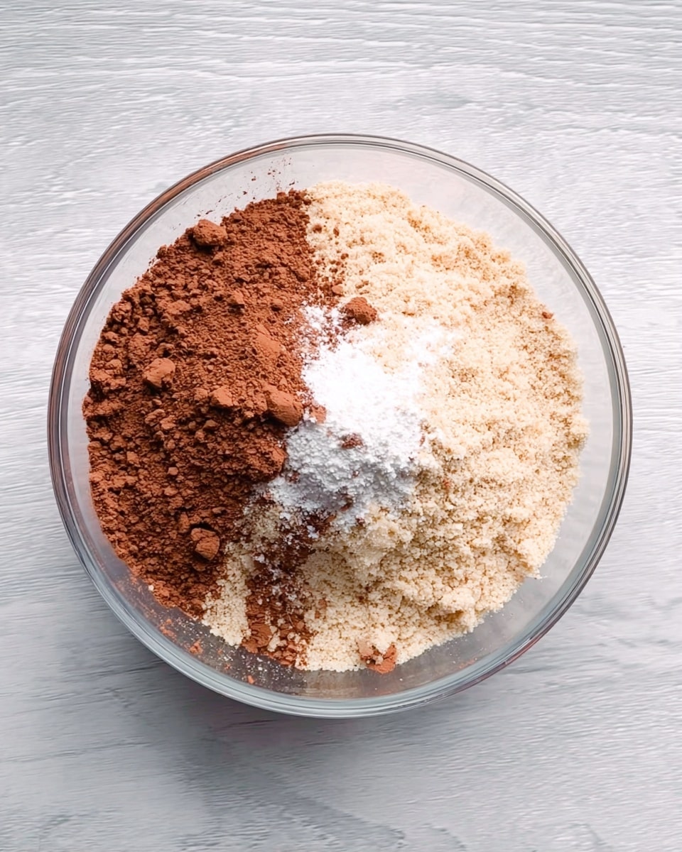 A clear glass bowl holds three main layers of dry ingredients on a white marbled surface. The right half is light beige with a grainy texture. The left half is a mound of light brown cocoa powder with some small clumps. On top of the cocoa powder in the center is a smaller pile of white powder. The layers are loose and not mixed yet. Photo taken with an iphone --ar 4:5 --v 7