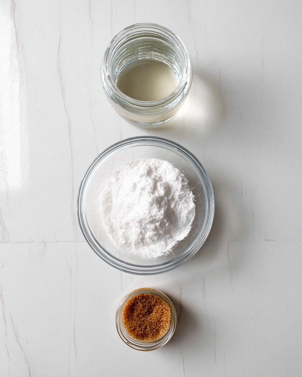 The image shows three clear glass containers arranged vertically on a white marbled surface. In the center is a clear glass bowl filled with a white powder, likely flour or powdered sugar, creating a soft, fluffy texture. Above the bowl is a small clear glass jar filled with a transparent liquid, possibly water or oil, with smooth, shiny surface. Below the bowl is another small clear glass jar containing a brown grainy substance, with a coarse texture. The scene is bright and clean, with simple, natural lighting coming from above. photo taken with an iphone --ar 4:5 --v 7