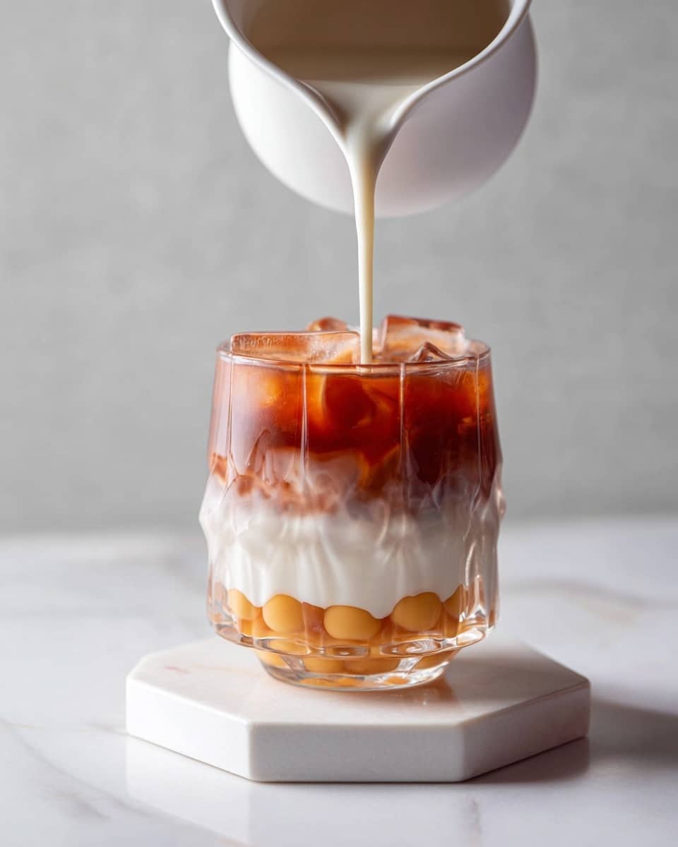 A clear glass with a rounded shape and wavy, vertical ridges holds a trip layered drink. At the bottom, there are small round yellow balls sitting in a light amber liquid. Above that is a thick white creamy layer that moves slightly down the textured surface of the glass. The top layer is a rich reddish-brown liquid filled with translucent ice cubes. A white pitcher is pouring more of the creamy white liquid into the glass, creating a smooth flowing stream. The glass is placed on a white hexagonal stone coaster, which is set on a white marbled surface. photo taken with an iphone --ar 4:5 --v 7