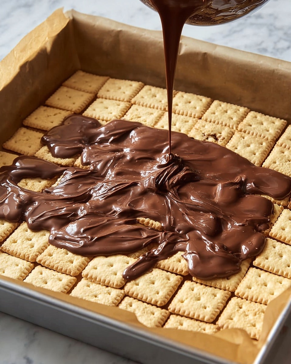 A baking pan lined with brown parchment paper holds a base layer of square, light golden crackers arranged neatly in close rows, filling the entire pan. On top of this cracker layer, smooth, glossy milk chocolate is being poured in uneven lines and blobs, showing different thicknesses and some ripples in texture. The combination of the crisp, pale crackers and the shiny, dark chocolate creates a clear contrast. The background is a white marbled texture. photo taken with an iphone --ar 4:5 --v 7