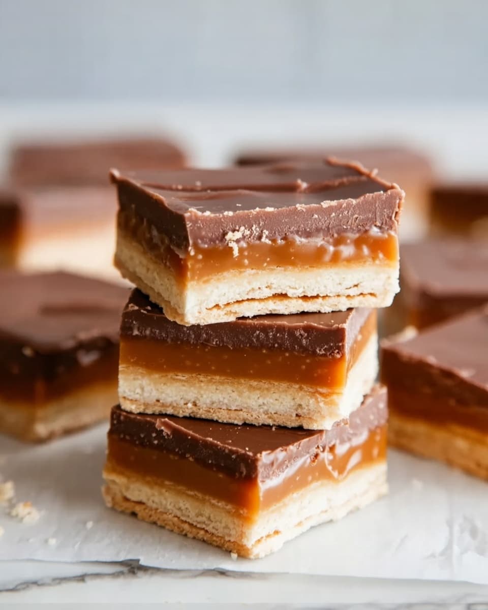 The image shows a stack of three square layered treats on a white marbled surface. Each treat has distinct layers: a base layer of thin, light tan crackers, followed by a thick layer of dark caramel filling, then another layer of crackers, caramel, and ending with a smooth, thick layer of milk chocolate on top with slight uneven edges. The treats have a soft and firm texture, and there are more pieces scattered blurred in the background. The photo taken with an iphone --ar 4:5 --v 7