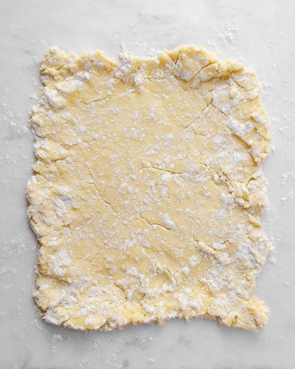 The image shows a flat, uneven square layer of dough rolled out on a white marbled surface. The dough is pale yellow with white flour scattered all over it, giving it a rough and powdery texture. The edges of the dough are irregular and slightly thicker, while the center is thinner and more even. The surface of the dough shows small cracks and patches of flour, creating a speckled pattern that contrasts with the smooth marbled background. photo taken with an iphone --ar 4:5 --v 7