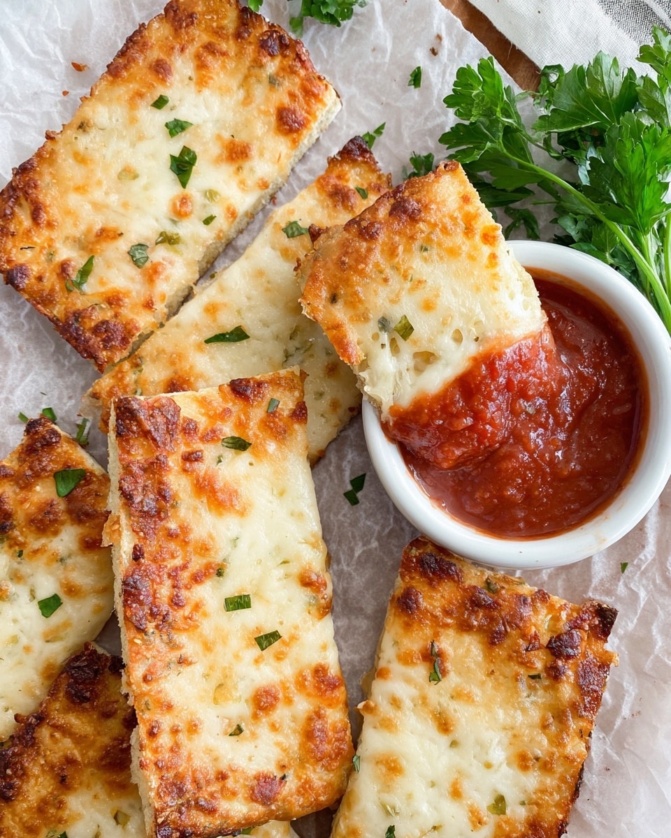 The image shows several rectangular slices of cheesy bread arranged on white parchment paper placed on a white marbled surface. Each piece has a golden brown, crispy top layer of melted cheese with small green herb specks scattered on it. In the middle right, one slice is dipped into a small white bowl filled with chunky red marinara sauce. Fresh green parsley leaves with stems sit behind the bowl, adding a pop of color. The bread edges are slightly darker and crispier, creating a nice contrast with the lighter, softer center layers of melted cheese photo taken with an iphone --ar 4:5 --v 7