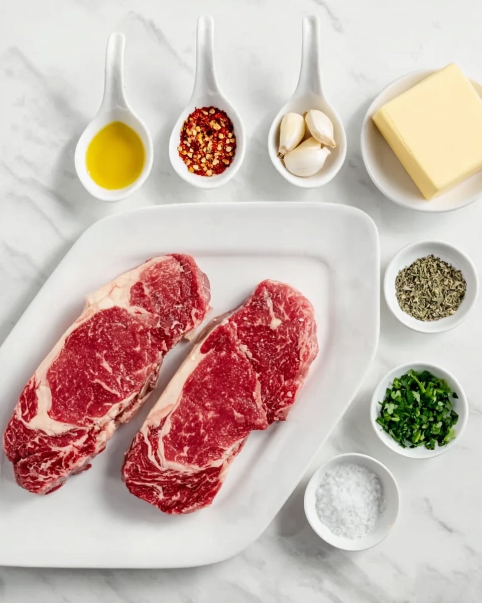 A white rectangular plate holds two raw steaks side by side, showing red meat with white marbled fat throughout. Around the plate, seven small white ceramic spoons form a curved line, each filled with different ingredients: golden yellow oil on the top left, red chili flakes below it, black pepper next, three whole garlic cloves in the center, white salt to the right of garlic, green chopped herbs next, and a square of yellow butter on the top right. All items are placed on a white marbled surface, giving a clean and fresh look. Photo taken with an iphone --ar 4:5 --v 7
