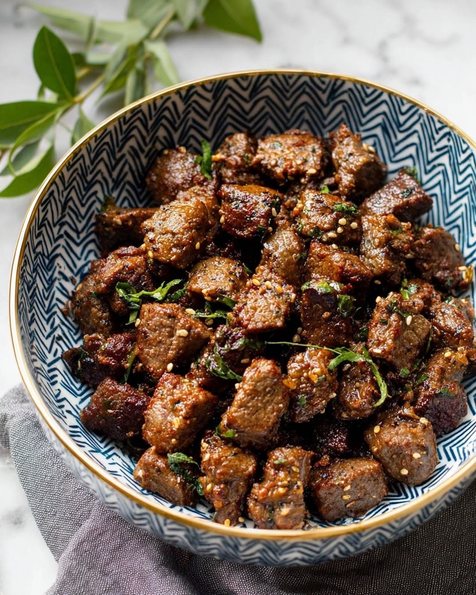 A white bowl with blue zigzag and stripe patterns holds many small browned meat cubes with a slightly crispy texture. The meat pieces have green herb bits scattered on top, with some tiny seeds visible on the surface, adding color contrasts. The bowl sits on a white marbled surface, with a gray cloth partially visible under it and some green leaves off to the left. photo taken with an iphone --ar 4:5 --v 7