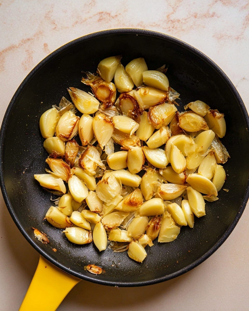 The image shows a black pan with a yellow handle filled with cooked garlic cloves. The cloves are in one layer, light golden with some pieces showing darker brown edges from cooking. The texture of the garlic looks soft and slightly shiny, with some pieces breaking apart a little. The pan sits on a white marbled surface. photo taken with an iphone --ar 4:5 --v 7