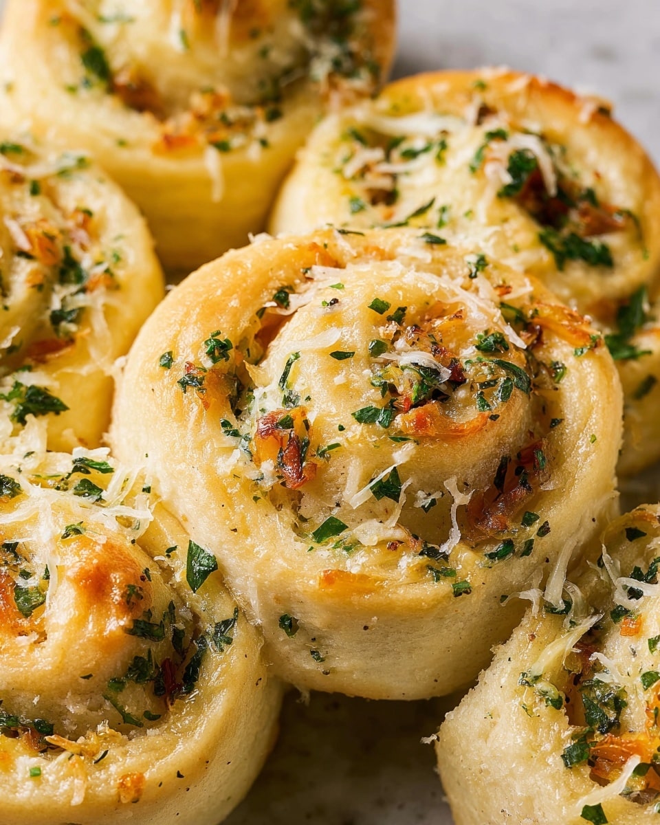 The image shows close-up soft golden rolls with three visible layers of light dough rolled into a spiral shape. Each roll is topped with finely chopped green herbs, small bits of caramelized brown onions or garlic, and a sprinkle of shredded pale cheese giving a slightly melted and textured look. The rolls are packed closely together on a surface with a white marbled texture in the background. The overall appearance is warm and inviting, highlighting the layers and herb details on the soft rolls photo taken with an iphone --ar 4:5 --v 7