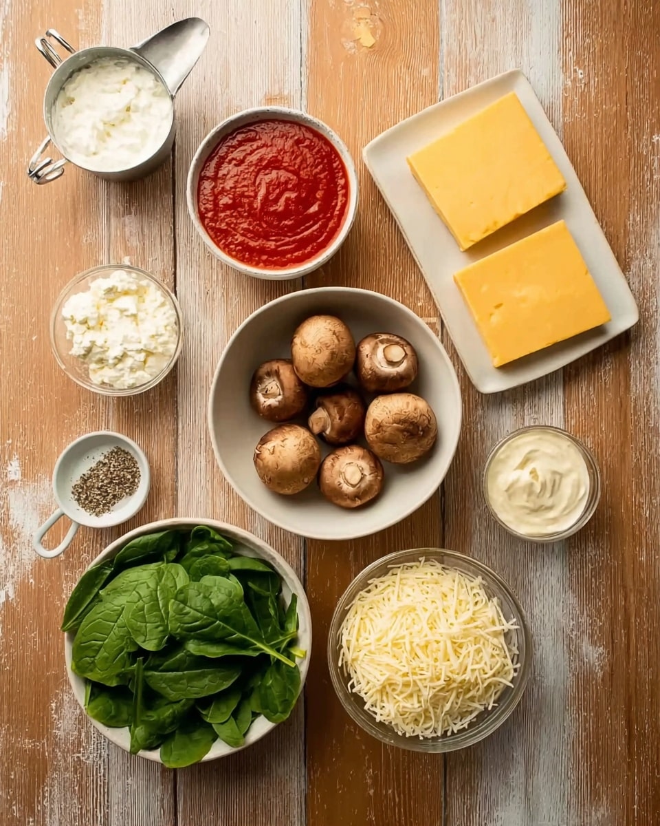 The image shows a top-down view of several small bowls and ingredients arranged on a light brown wooden surface with a white marbled texture added. There are whole fresh brown mushrooms in a white bowl in the center. Above this bowl, there is a white bowl filled with red tomato sauce with a smooth texture. Beside the mushrooms on the right, there are several slices of bright yellow cheese stacked neatly. Below the mushrooms is a white bowl with fresh green spinach leaves. In the bottom right corner, there is a white bowl filled with shredded white mozzarella cheese. On the left side, a metal measuring cup contains white ricotta cheese, and below that, a small white bowl holds grated parmesan cheese. Lastly, in the bottom left corner, a small white bowl holds a mix of black and white ground pepper. A woman's hand is not present in this image. Photo taken with an iphone --ar 4:5 --v 7