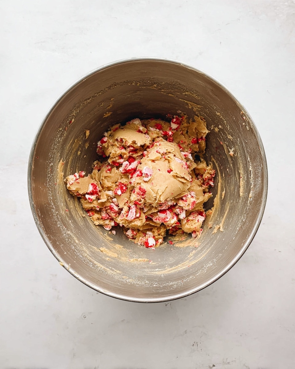 A mixing bowl with cookie dough sits on a white marbled surface, the dough mostly light brown with a smooth and thick texture. Mixed into the dough are small, broken pieces of red and white cookies spread evenly throughout. The bowl itself is metallic and has a brushed silver inside. There are some smudges of dough around the inner edges of the bowl. photo taken with an iphone --ar 4:5 --v 7