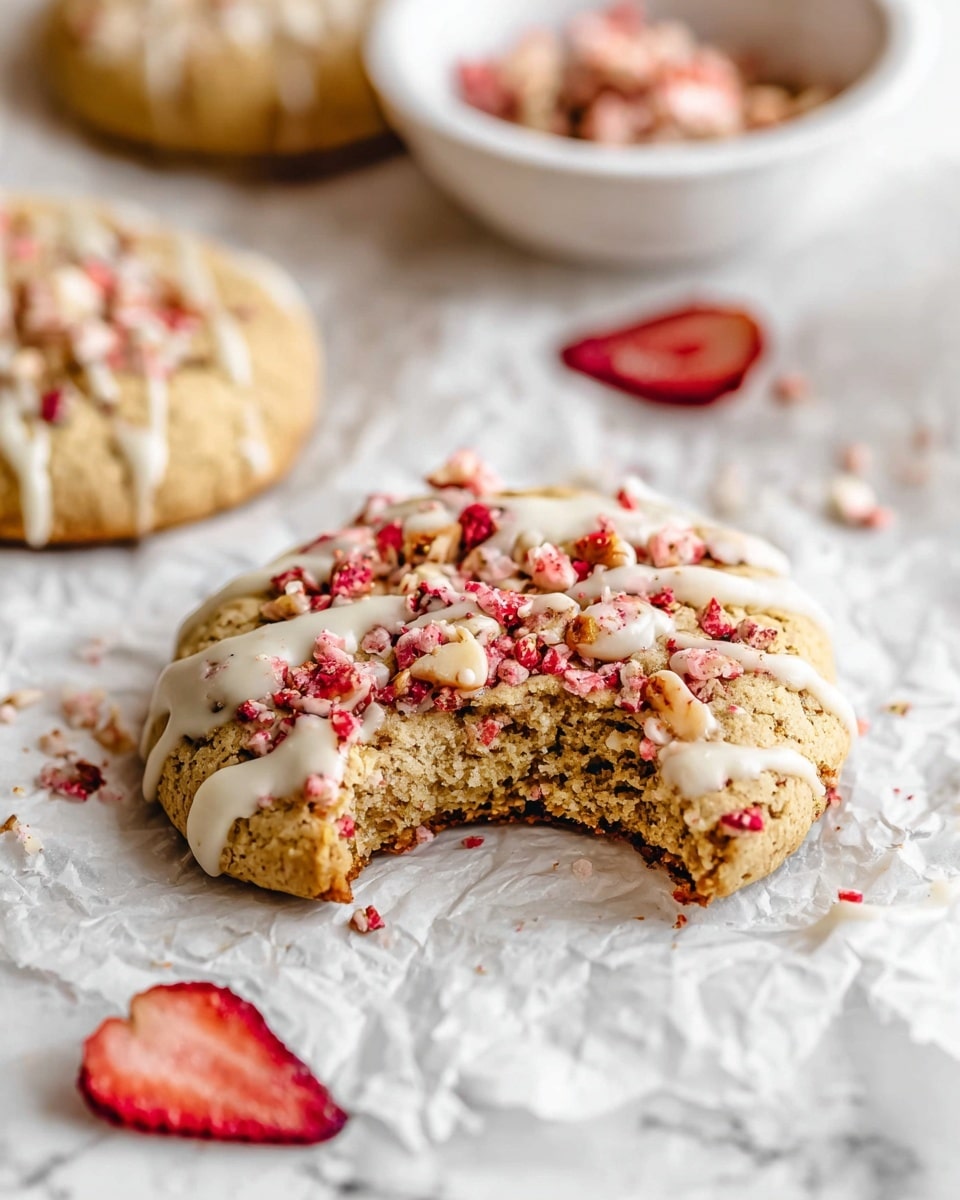 A soft round cookie with a light brown base shows a bite taken from one side, revealing a moist, crumbly inside. The top layer is covered with small red and pale nuts or candy pieces that add texture, with a light drizzle of white icing running unevenly over them. The cookie sits on crinkled white parchment paper with scattered crumbs and pieces around it. In the background, there is a white bowl partially visible filled with the same topping, and another cookie of the same kind rests slightly blurred behind. A red dried strawberry slice lies near the cookie on the left side. The whole setup is placed on a white marbled surface. photo taken with an iphone --ar 4:5 --v 7