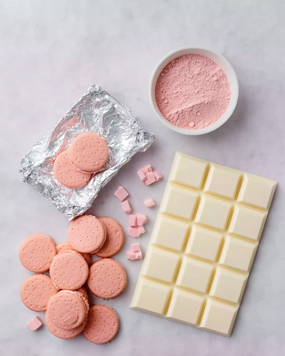 This image shows a flat white marbled background with various sweet ingredients neatly arranged. There is a white square chocolate bar with 15 visible blocks placed on the right side. Above it, a round white dish holds pink powder. Below the pink dish, a rectangular silver foil-wrapped block is partially unwrapped, revealing similar pink candy pieces scattered around it. On the lower left, there are two layers of small round biscuits filled with pink cream, some whole and some stacked together. A woman's hand is not visible in this image. photo taken with an iphone --ar 4:5 --v 7