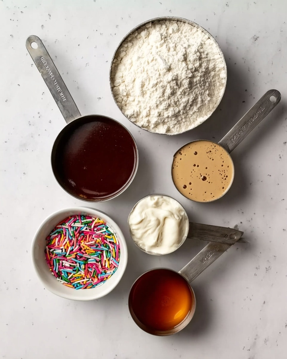 The image shows six measuring cups arranged on a white marbled surface in a loose circular shape. Starting from the top, there is a metal measuring cup filled with white flour, showing a soft, powdery texture. Below it and to the left is a smaller metal measuring cup containing a dark brown, thick liquid with a smooth surface. To the bottom left, a white bowl is filled with colorful, thin cylindrical sprinkles in shades of red, green, yellow, blue, and pink. Just below the center, a metal measuring cup holds a thick, white, creamy substance. To the right of this is another metal measuring cup filled with a light brown, thick batter or sauce with a few air bubbles on the surface. Finally, on the far right, a small metal measuring cup contains a translucent amber liquid that looks smooth. Photo taken with an iphone --ar 4:5 --v 7