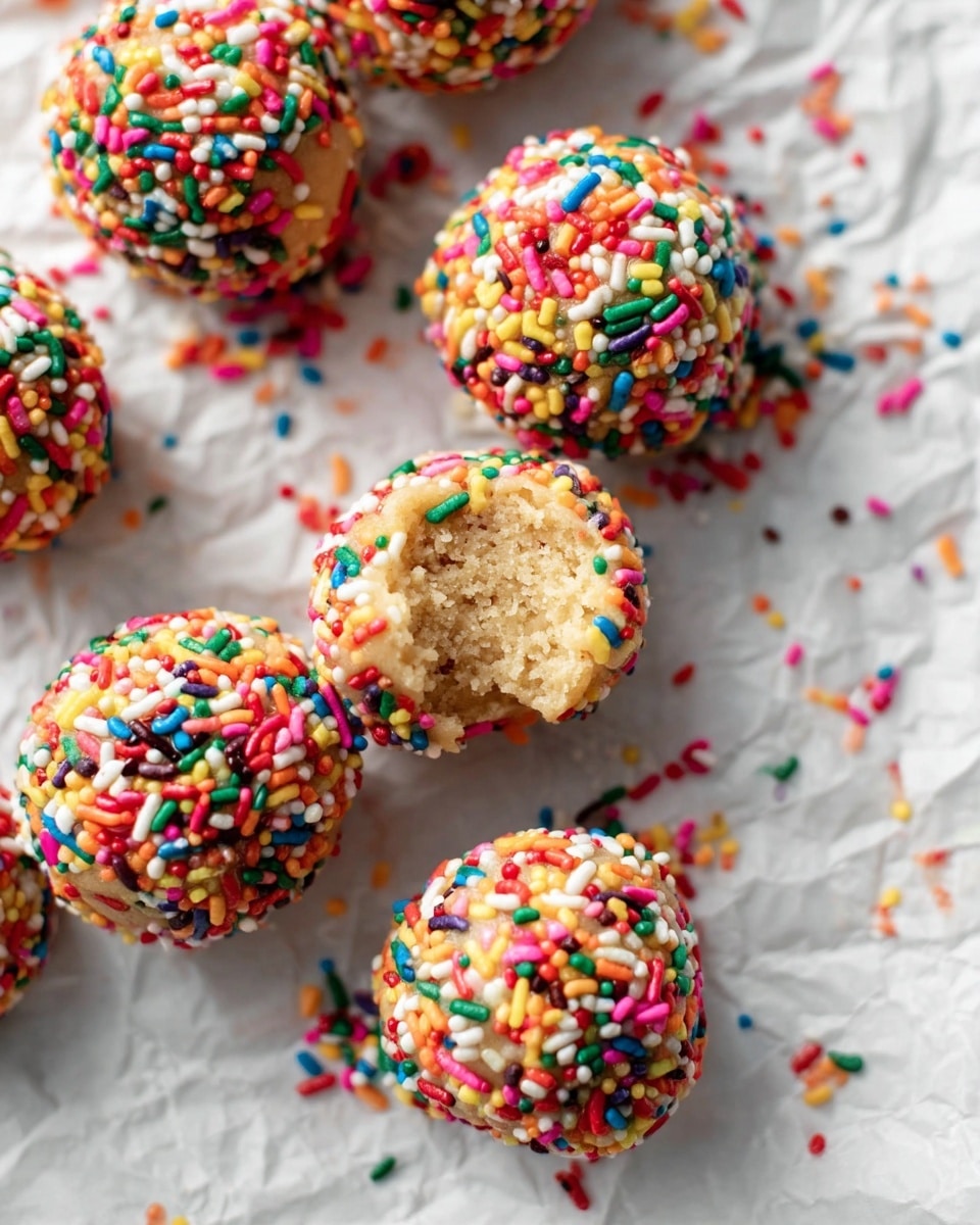 Several round dough balls are covered evenly in colorful small round and long sprinkles, showing a rough texture beneath the sprinkles. One dough ball in the front has a bite taken out, revealing a soft, light beige inside. The dough balls are arranged on crinkled white paper over a white marbled surface. Sprinkles are scattered lightly around the paper. Photo taken with an iphone --ar 4:5 --v 7
