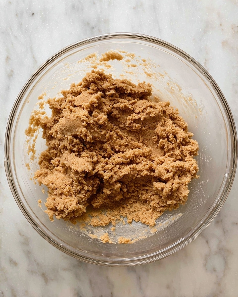 A clear glass bowl sits on a white marbled surface, filled with a thick, crumbly dough that is light brown in color. The dough has a rough texture with small clumps and smooth sections, spread unevenly across the bowl's bottom. The edges of the bowl show some dough residue, giving a sense of recent mixing or stirring. photo taken with an iphone --ar 4:5 --v 7