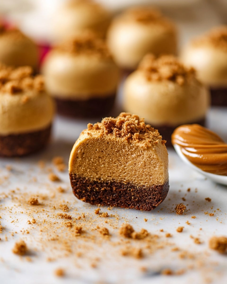 A close-up view of a round treat with two layers, where the inside layer is dark brown and has a dense, slightly grainy texture, and the outside layer is smooth, light brown, and creamy, covered with small crumbly bits on top. The treats are placed on a white marbled surface, scattered with more crumbs around them. In the background, there are more whole round treats slightly out of focus, and on the side, there is a white spoon filled with a thick, caramel-colored spread. The overall lighting is warm and soft, emphasizing the textures and colors of the treat. photo taken with an iphone --ar 4:5 --v 7