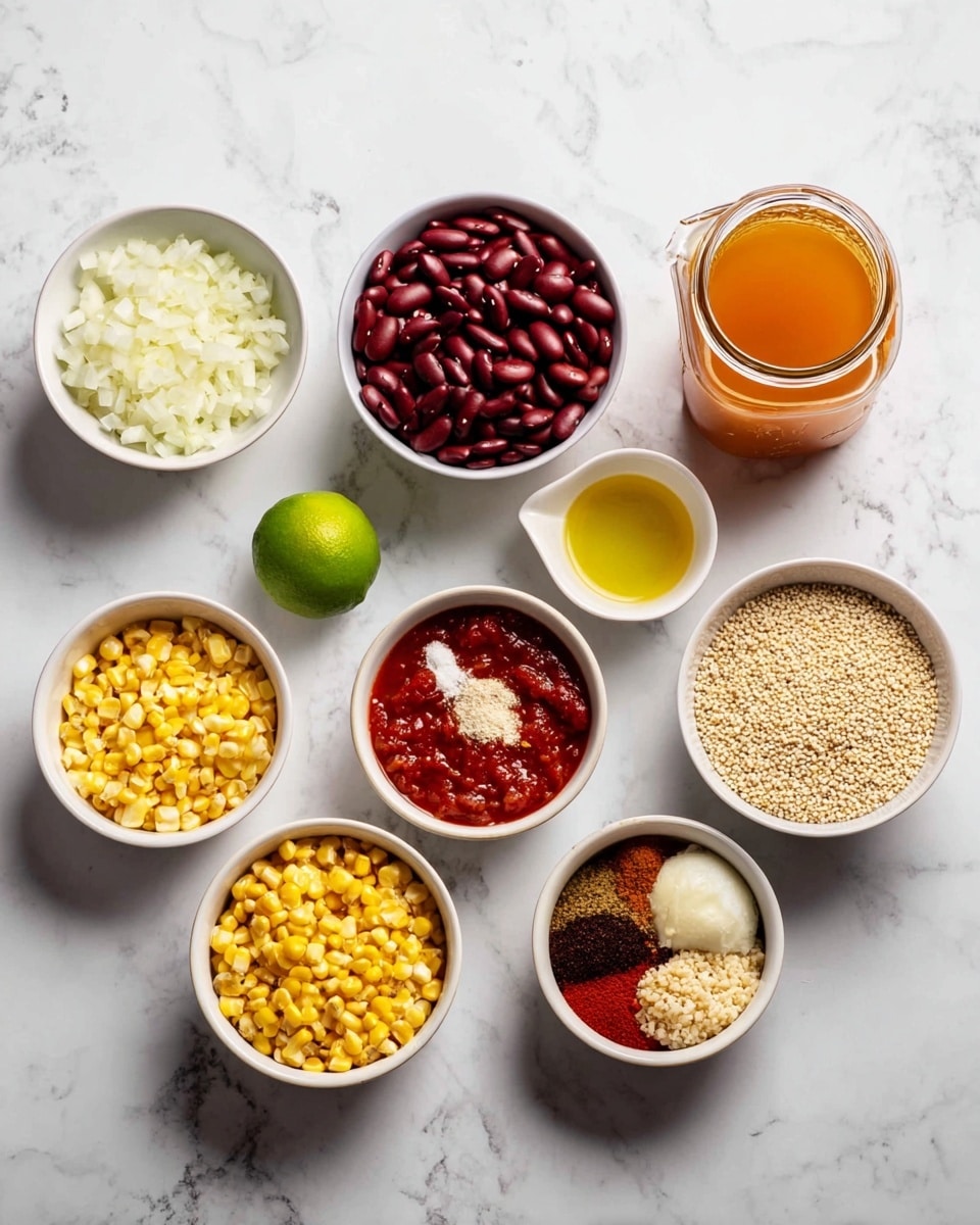 The image shows nine small white bowls with different ingredients arranged on a white marbled surface. Starting from the top left, there is a bowl filled with finely chopped white onion, a small pouring container with light yellow olive oil, and a bowl full of dark red kidney beans. To the right of the beans is a glass jar filled with an orange liquid, likely broth. In the bottom row, on the far left, there is a bowl of bright yellow corn kernels, next to it a small white bowl with multiple dry spices in shades of brown, red, and white arranged like a sunset, while beside it is a small white bowl with minced light yellow garlic. There is also a small glass jar filled with chunky red tomato sauce and finally, a white bowl with a coarse grain light beige ingredient, possibly quinoa. In the middle left, there is a single lime placed on the white marbled surface. photo taken with an iphone --ar 4:5 --v 7