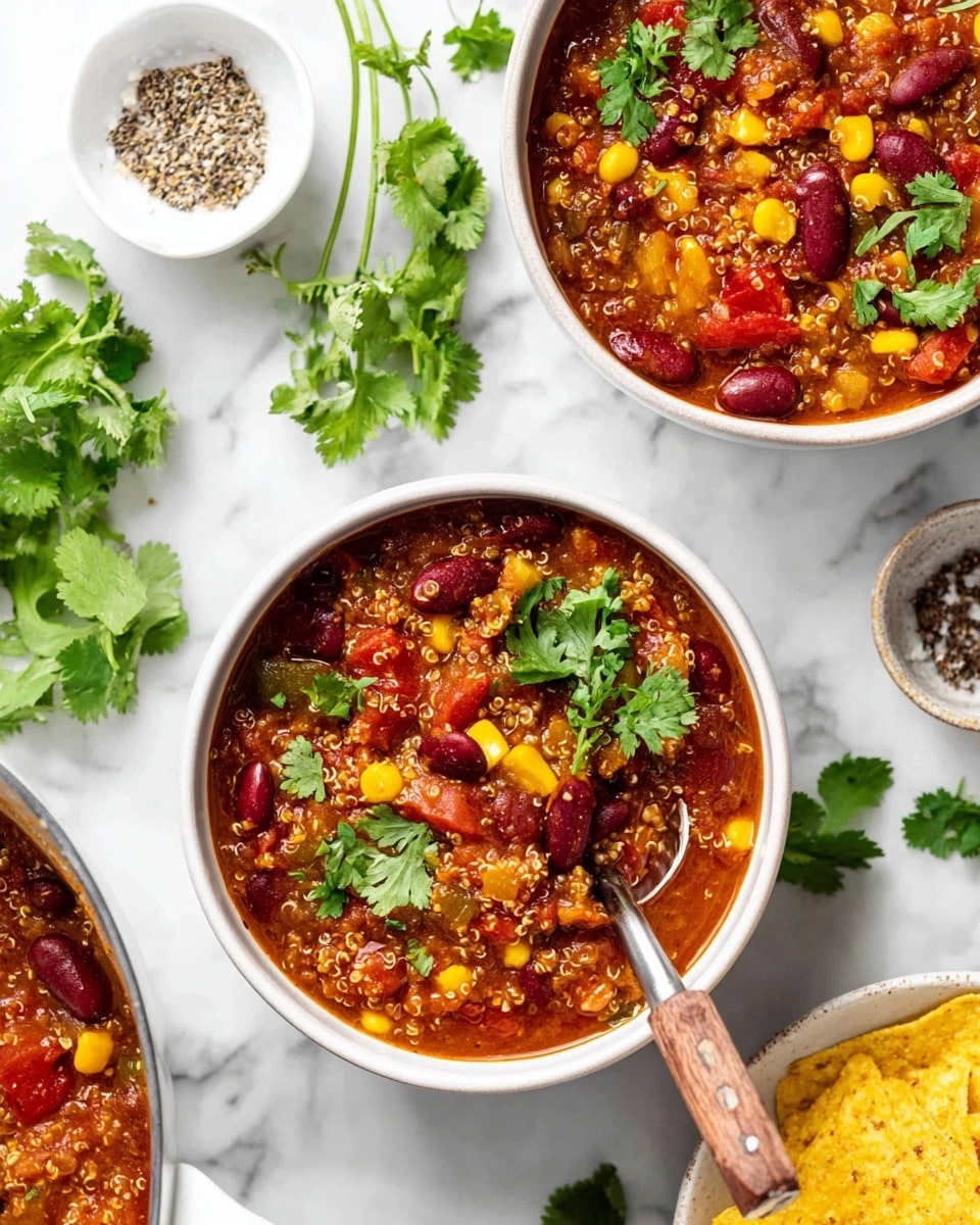 Two white bowls filled with a thick stew that has layers of red kidney beans, yellow corn kernels, diced tomatoes, and small grains of quinoa mixed in a reddish broth. The stew is garnished with bright green cilantro leaves scattered on top. One bowl has a spoon with a wooden handle placed inside. Around the bowls, there are fresh sprigs of cilantro on a white marbled surface, a small white dish with black pepper and salt, and a white plate with yellow tortilla chips visible in the corner. The photo taken with an iphone --ar 4:5 --v 7