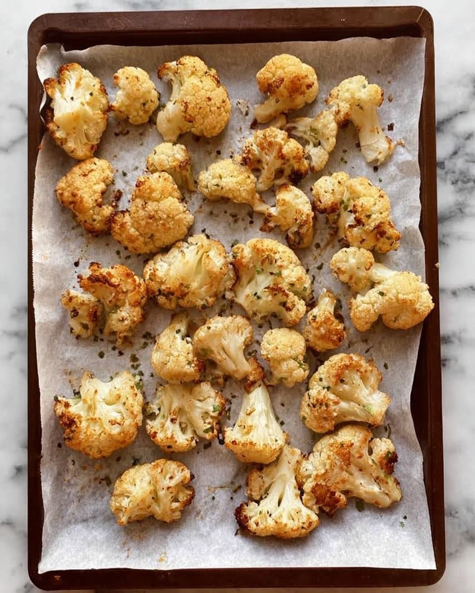 The image shows a baking tray lined with white parchment paper, placed on a white marbled surface. On the tray, there are about twenty roasted cauliflower florets, spread out evenly. Each floret has a light golden brown color with some darker brown roasted spots, showing a slightly crispy texture. The cauliflower pieces vary in size and shape, with some showing the stem and others mainly the tops. The overall look is warm and roasted with some herbs or light spices visible on the surface of the florets. photo taken with an iphone --ar 4:5 --v 7