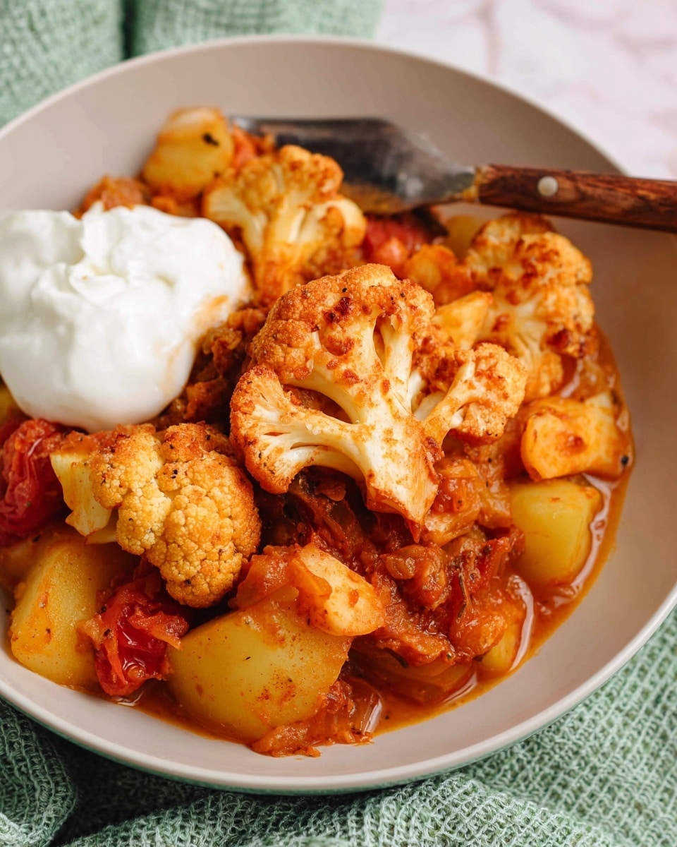 A close-up view of a dish in a white bowl shows two main layers: at the bottom, there are chunky pieces of golden yellow potatoes mixed with red tomatoes, all cooked in a rich, reddish-orange sauce with visible herbs and spices. On top, there are large, roasted cauliflower florets stained orange from the sauce, giving them a slightly crispy texture. Resting on the edge of the bowl is a dollop of smooth, white yogurt with a slight shine, adding a creamy contrast. A wooden-handled fork is partly placed inside the bowl, resting on the potatoes and cauliflower. The whole setup is on a white marbled surface with a soft green textured cloth under the bowl. Photo taken with an iphone --ar 4:5 --v 7