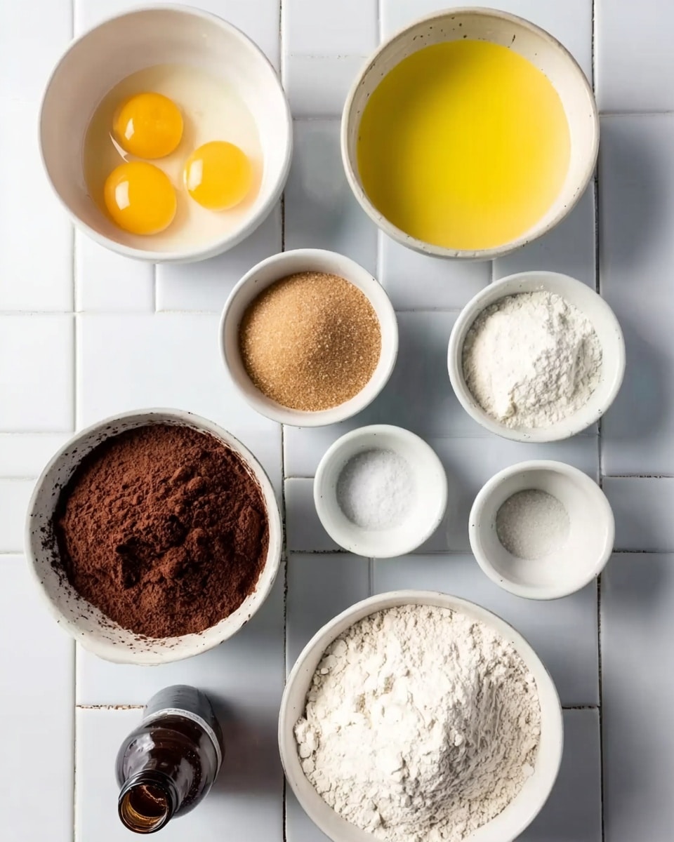 The image shows eight white bowls and a small bottle arranged on a white marbled surface with visible tile lines. The top left white bowl contains two raw eggs with clear whites and bright yellow yolks. To its right, there's a white bowl filled with melted butter, yellow and smooth in texture. Below the eggs, a white bowl holds light brown sugar with a slightly coarse texture. Next to it, a small white bowl has a white powder, likely baking powder or baking soda. Above this, a white bowl is filled with dark brown cocoa powder, fine and rich in color. To the right of this, another white bowl contains white sugar granules. Below the sugar bowls, a larger white bowl holds white flour with a soft, powdery look. At the bottom left, a small dark glass bottle with a screw lid sits on the surface. The scene is bright with natural light and no shadows of hands or other objects visible, photo taken with an iphone --ar 4:5 --v 7