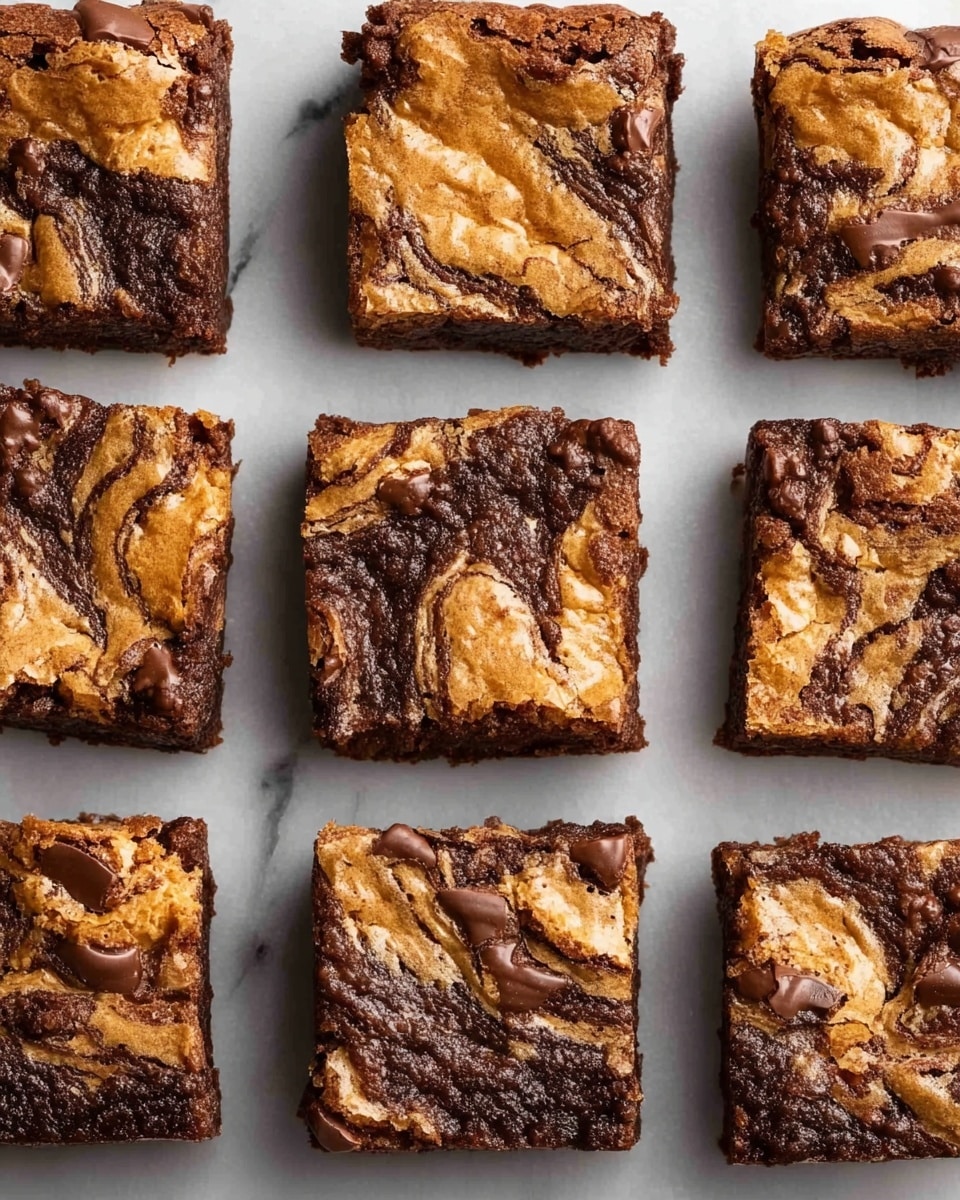 The image shows nine square brownie pieces arranged in a grid on a white marbled surface. Each brownie has a swirled top layer of light golden and dark brown colors, creating a marbled pattern of cracked, crispy texture on the golden parts and dense, fudgy texture on the dark parts. The brownies look thick and moist, with the darker chocolatey parts forming the base and lighter, crunchy swirls sitting mainly on top. The surface of each piece shows uneven, wavy ridges and cracks that give a rich, homemade look. photo taken with an iphone --ar 4:5 --v 7