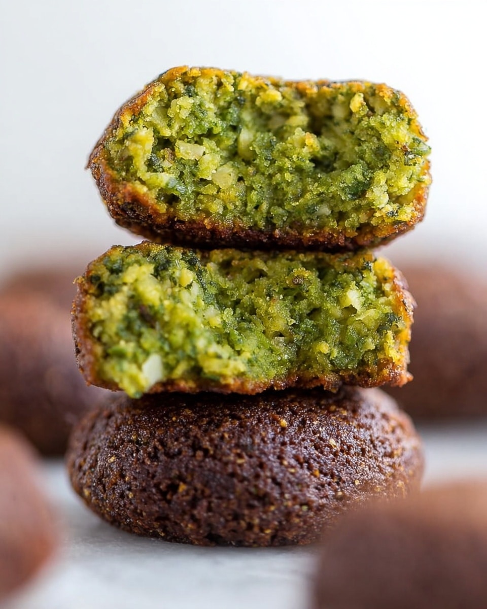 The image shows a close-up of three falafel pieces stacked on top of each other against a white marbled background. The bottom piece is whole, round, and dark brown with a rough, crispy texture. On top of it, there are two halves of another falafel piece, cut to reveal a bright green, crumbly, and moist inside with small bits of chickpeas and herbs visible. The outer edges of these halves are golden brown and slightly rough. The focus is sharp on the falafel, making the texture clear, while the background is softly blurred. photo taken with an iphone --ar 4:5 --v 7