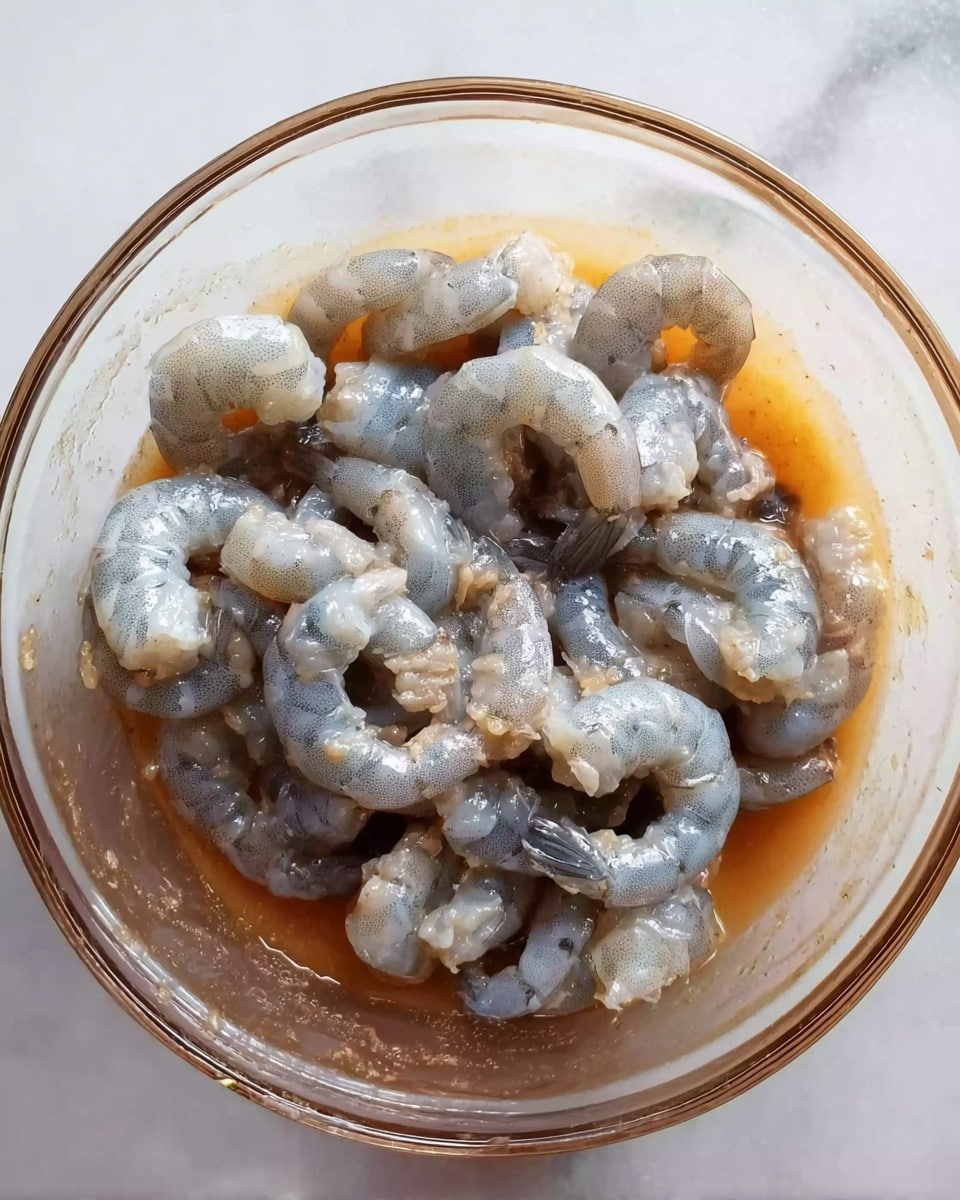 A clear glass bowl placed on a white marbled surface contains small, peeled shrimp that are raw with a bluish-gray color and a shiny, moist texture. The shrimp are loosely piled in the center of the bowl, showing their curved shapes and segmented bodies. Around the shrimp, the bowl has a light orange, smooth sauce or marinade lightly coating the shrimp and pooling at the bottom of the bowl, creating a contrast between the shrimp and the sauce. The photo taken with an iphone --ar 4:5 --v 7