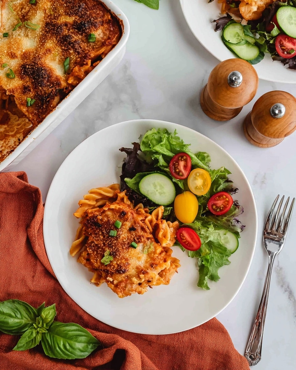 A white plate holds two main sections: on the left is a layered pasta bake with a golden brown, crispy top layer garnished with small green herb pieces; the pasta underneath is a rich red tomato sauce mixed with melted cheese, showing textured pasta shapes and slightly browned edges. On the right side of the plate is a fresh salad made of green leafy vegetables, topped with halved red cherry tomatoes, round cucumber slices, and a few yellow cherry tomatoes. The plate is set on a white marbled surface. Above the plate is part of a white baking dish filled with more pasta bake, and near it are two light wooden salt and pepper shakers, next to a rust-colored cloth and a fresh basil leaf. A silver fork is positioned near the bottom right of the plate. Photo taken with an iphone --ar 4:5 --v 7