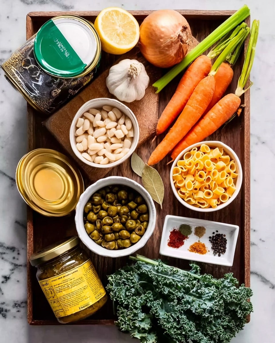 The image shows a wooden tray filled with various food items on a white marbled surface. On the tray, there is an open tin can showing green and white colors at the top left, next to half a lemon with a yellow inside and brown whole onion on a wooden board. Behind the onion are three garlic cloves and three whole carrots in orange, with a green celery stick beside them. There is a bunch of fresh dark green kale leaves on the bottom right. Several small white bowls are placed on the tray: one contains white beans, another has small orange pasta shells, and a smaller one is filled with green peas. A jar with a yellow label containing a dark substance is at the bottom left. A small white dish has an arrangement of spices, including black and white peppercorns, a leaf, and some red powder. All items appear clear and fresh. Photo taken with an iphone --ar 4:5 --v 7