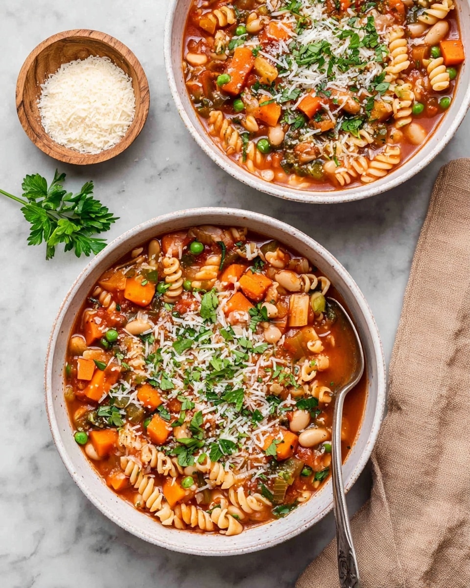 Two white bowls filled with a colorful vegetable pasta soup are placed on a white marbled surface. Each bowl shows layers of orange carrot cubes, small green peas, white beans, and spiral pasta in reddish tomato broth, topped with grated white cheese and fresh green parsley leaves scattered evenly on the surface. A silver spoon is inside the front bowl, resting on the side. To the top left, a small wooden bowl contains grated white cheese. There is a light brown cloth napkin to the right of the bowls. Photo taken with an iphone --ar 4:5 --v 7
