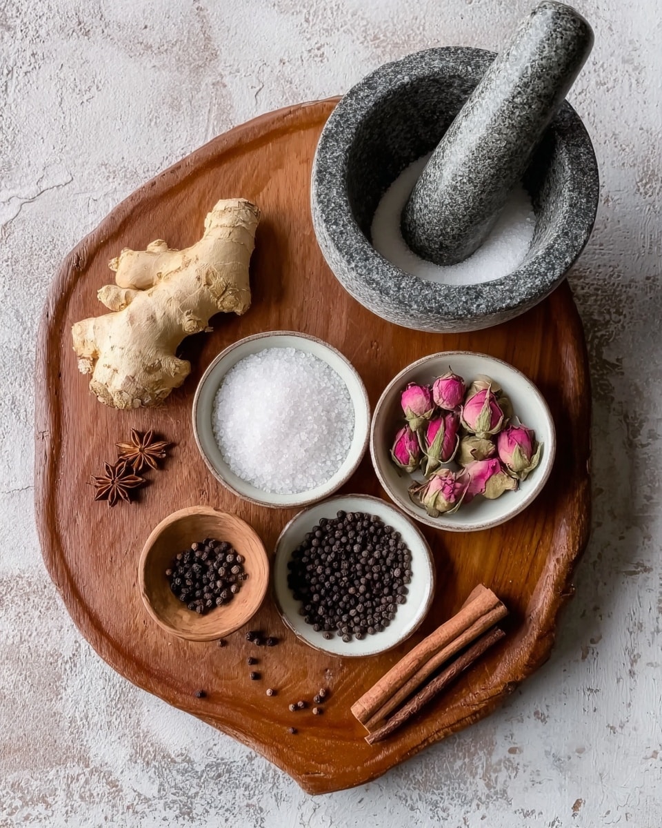 A wooden board with a round shape holds several bowls and spices. On the board are two white bowls filled with white sugar crystals and black pepper seeds, both having a smooth texture and placed side by side. A smaller white bowl in the center holds a few dried rosebuds, displaying soft pink and green colors. A small wooden bowl contains a few black peppercorns, placed near the front of the board. On the wooden board beside the bowls are a piece of fresh ginger with a light tan, rough skin, a pair of cinnamon sticks with a warm brown color and textured surface, and a shiny star anise. The board is sitting on a white marbled textured surface, and a gray stone mortar with a pestle is positioned behind the board. photo taken with an iphone --ar 4:5 --v 7